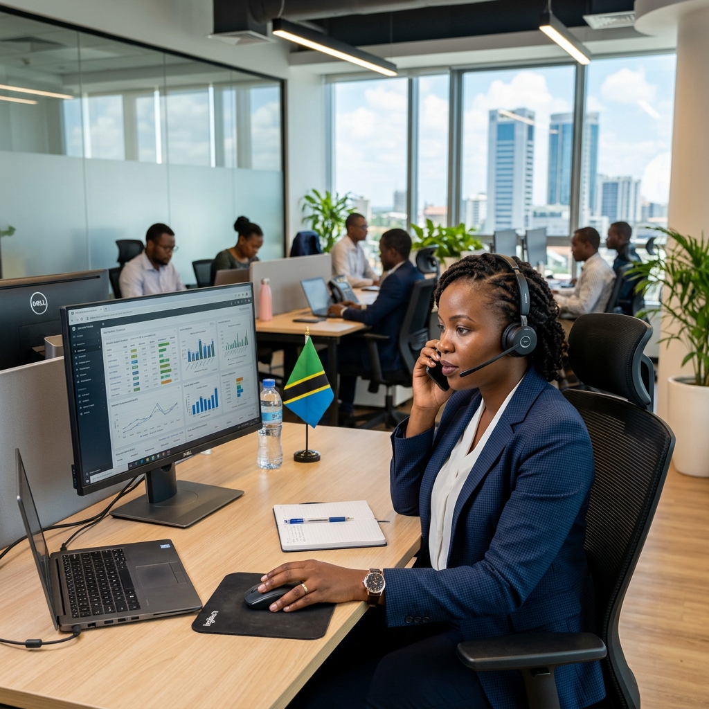 Tanzanian office worker using headset